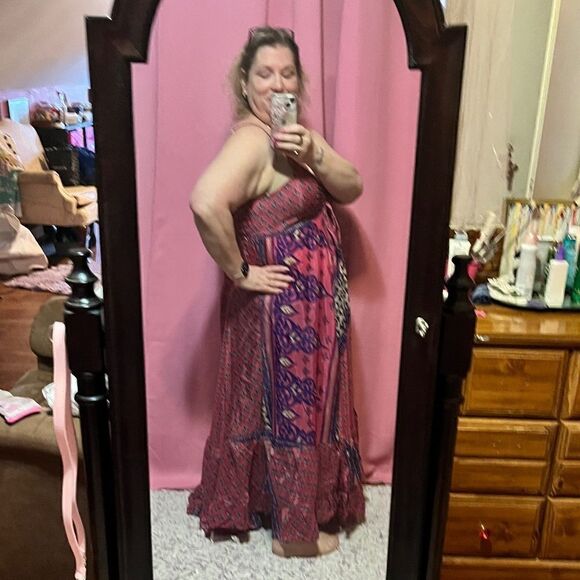 NEW Silk Summer Dress Maxi Gorgeous Full Skirt Pink Purple Floral NEW - Picture 2 of 13